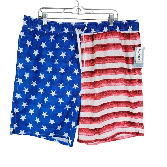 Mens Old Navy American Flag Swim Trunks Blue & Red Stars & Stripes XXL - Picture 1 of 16